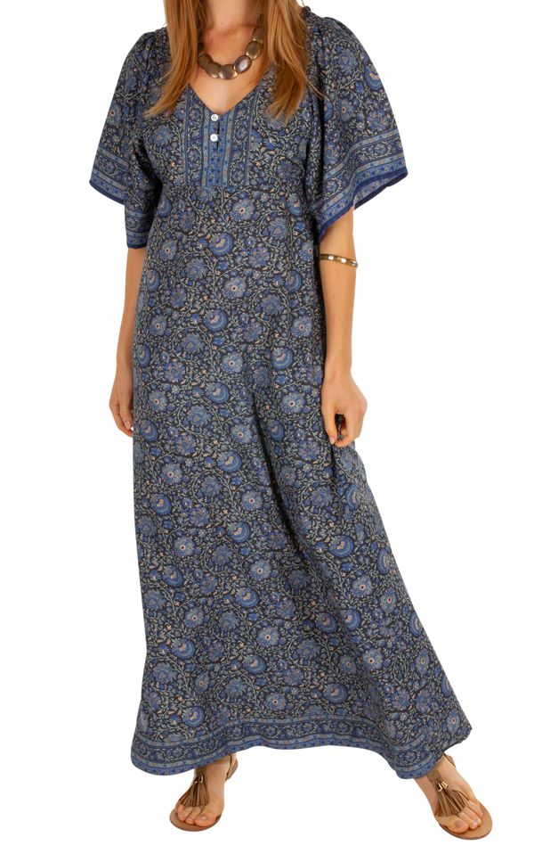 Robe longue à fleurs ethnique et bohème originale Massaoua bleue