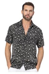 Chemise homme été manches courtes effet soie noir à fleurs blanches 359834