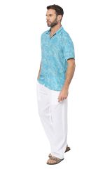 Chemise homme été manches courtes effet soie turquoise motif cachemire 354393