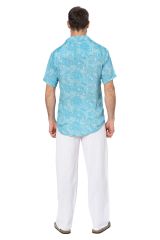 Chemise homme été manches courtes effet soie turquoise motif cachemire 354394