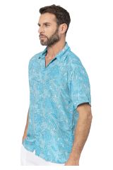 Chemise homme été manches courtes effet soie turquoise motif cachemire 359835