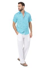 Chemise homme été manches courtes viscose turquoise motif fleuri 358910