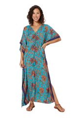 Kaftan longue fond bleu et fleurs originales colorées Anastacia 344731