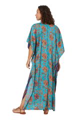 Kaftan longue fond bleu et fleurs originales colorées Anastacia 344734