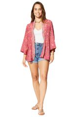 Kimono femme court été manches 3/4, léger et fluide, motif fleurs rose chic 356762