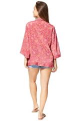 Kimono femme court été manches 3/4, léger et fluide, motif fleurs rose chic 356763