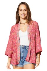 Kimono femme court été manches 3/4, léger et fluide, motif fleurs rose chic 359881