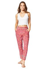 Pantalon ajusté été femme, léger, chic et tendance, motif fleurs rose et bleu