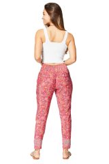 Pantalon ajusté été femme, léger, chic et tendance, motif fleurs rose et bleu