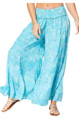Pantalon femme été large et fluide, bohème chic, motif paisley turquoise
