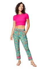 Pantalon fluide été femme, léger, chic et coloré, motif fleurs verte et rose 357785