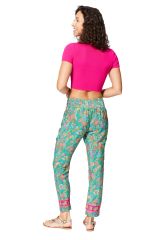 Pantalon fluide été femme, léger, chic et coloré, motif fleurs verte et rose 357786