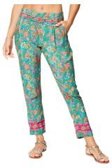 Pantalon fluide été femme, léger, chic et coloré, motif fleurs verte et rose 359896