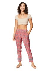 Pantalon fluide été femme, léger, chic et tendance, motif fleurs rose et bleu 357757