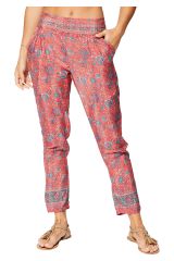 Pantalon fluide été femme, léger, chic et tendance, motif fleurs rose et bleu 359895