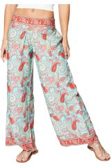 Pantalon large fluide été femme, chic et bohème, motif paisley rose et bleu 359899