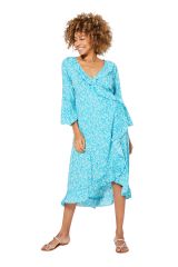 Robe asymétrique portefeuille bleue à fleurs Rhea 337334