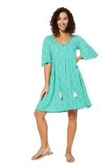 Robe courte ample verte turquoise à fleurs Poema 338743