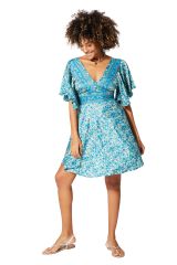 Robe courte été à nouer dans le dos motif fleuri turquoise