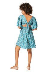 Robe courte été à nouer dans le dos motif fleuri turquoise