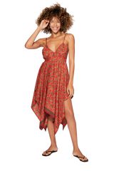 Robe courte femme coupe asymétrique et fines bretelles originale rouge chic Ximena