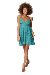 Robe courte femme style nuisette d\'été légère bleu à fleurs boho Sariah