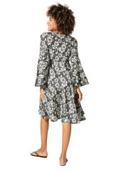 Robe courte noire à fleurs blanches, manches longues, chic et tendance 357512