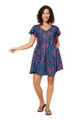 Robe courte style gypsie bleu à fleurs rose  Benedikt