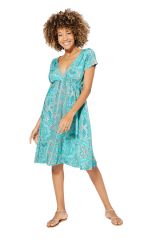 Robe courte turquoise à manches courtes motifs Brittany 338684