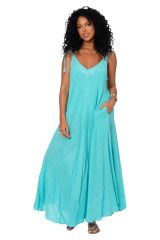 Robe été longue coton lègère fluide ethnique bohème bleu turquoise motif broderies 355408