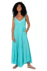 Robe été longue coton lègère fluide ethnique bohème bleu turquoise motif broderies 355409