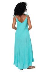 Robe été longue coton lègère fluide ethnique bohème bleu turquoise motif broderies 359922