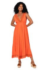 Robe été longue coton légère fluide ethnique bohème chic dos nu orange 355430