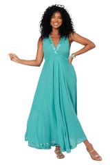 Robe été longue coton lègère fluide ethnique bohème chic turquoise motif miroirs 355424