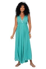 Robe été longue coton lègère fluide ethnique bohème chic turquoise motif miroirs 355425