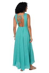 Robe été longue coton lègère fluide ethnique bohème chic turquoise motif miroirs 359926