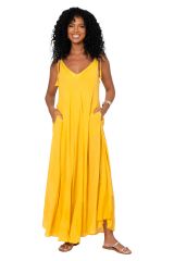 Robe été longue coton légère fluide ethnique bohème jaune motif miroirs 355398