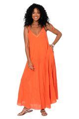 Robe été longue coton légère fluide ethnique bohème orange motif miroirs 355396