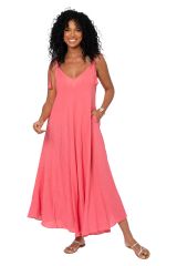 Robe été longue coton légère fluide ethnique bohème rose motif broderies 355407