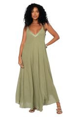 Robe été longue coton légère fluide ethnique bohème vert olive motif miroirs 355400