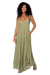 Robe été longue coton légère fluide ethnique bohème vert olive motif miroirs 355401