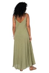 Robe été longue coton légère fluide ethnique bohème vert olive motif miroirs 359931