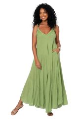 Robe été longue coton légère fluide ethnique bohème verte motifs broderies 355410