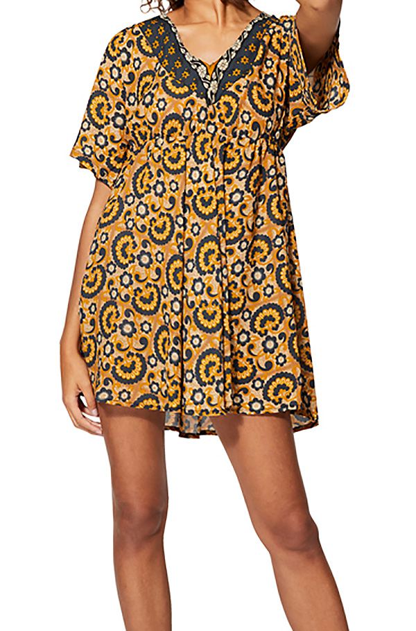 Robe Jaune Courte Femme Manches Style Wax Imprime Chic Riyo