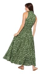 Robe longue à fines fleurs blanche sur ton vert Aleksi