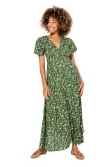 Robe longue à fines fleurs blanche sur ton vert Alexander