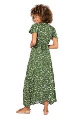 Robe longue à fines fleurs blanche sur ton vert Alexander