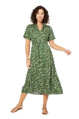 Robe longue à fines fleurs blanche sur ton vert Alicia