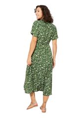 Robe longue à fines fleurs blanche sur ton vert Alicia