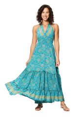 Robe longue bohème femme dos nu à volants, été, motif fleuri turquoise jaune 356882